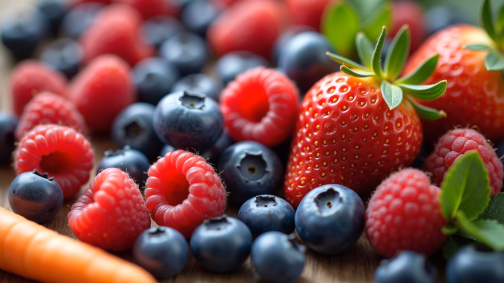 A vibrant assortment of berries (strawberries, blueberries, raspberries) and carrots, professional Frutas vermelhas e cenoura para uma pele radiante.