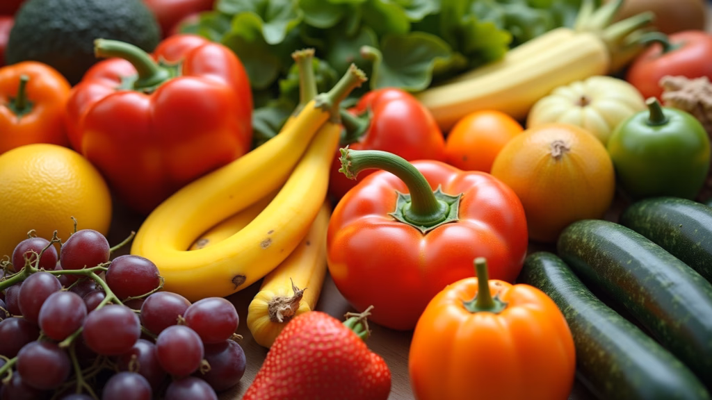A vibrant display of colorful fruits and vegetables, professional photography, 8K quality, sharp Variedade colorida de frutas e vegetais frescos.