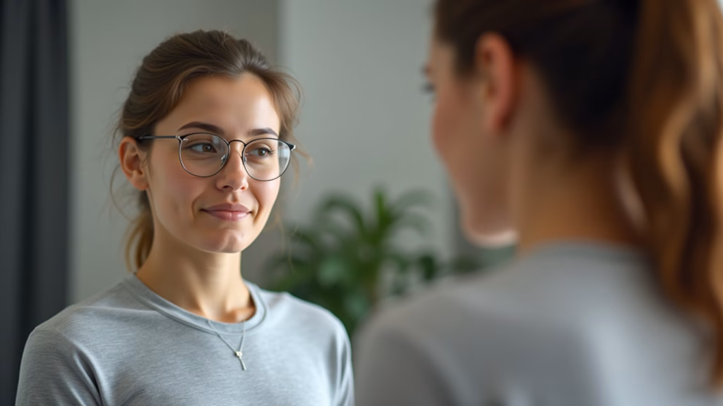 Adult practicing pronunciation exercises, mirror reflection, determined expression, natural light, Adulto praticando exercícios de pronúncia em frente ao espelho.