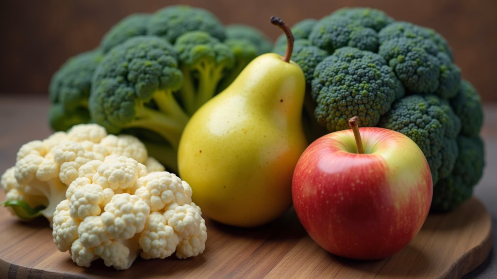 Apple, pear, broccoli, and cauliflower, professional photography, 8K quality, sharp focus, natural Maçã, pera, brócolis e couve-flor para controle de peso.