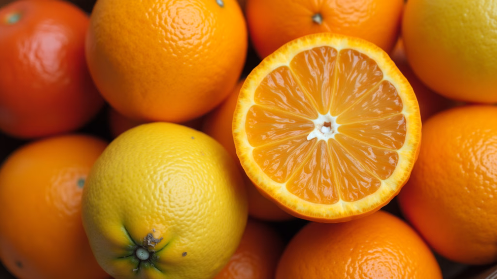 Close-up shot of citrus fruits (orange, lemon, acerola), professional photography, 8K quality, Frutas cítricas ricas em vitamina C para imunidade.