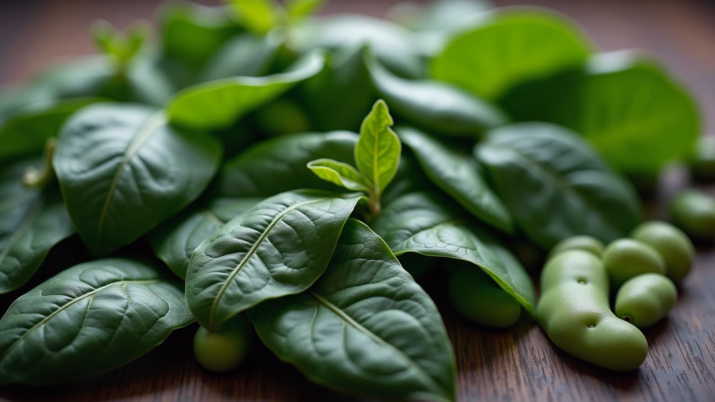 Dark green leaves (spinach, kale) and beans, professional photography, 8K quality, sharp focus, Folhas verde-escuras e feijão para uma gravidez saudável.