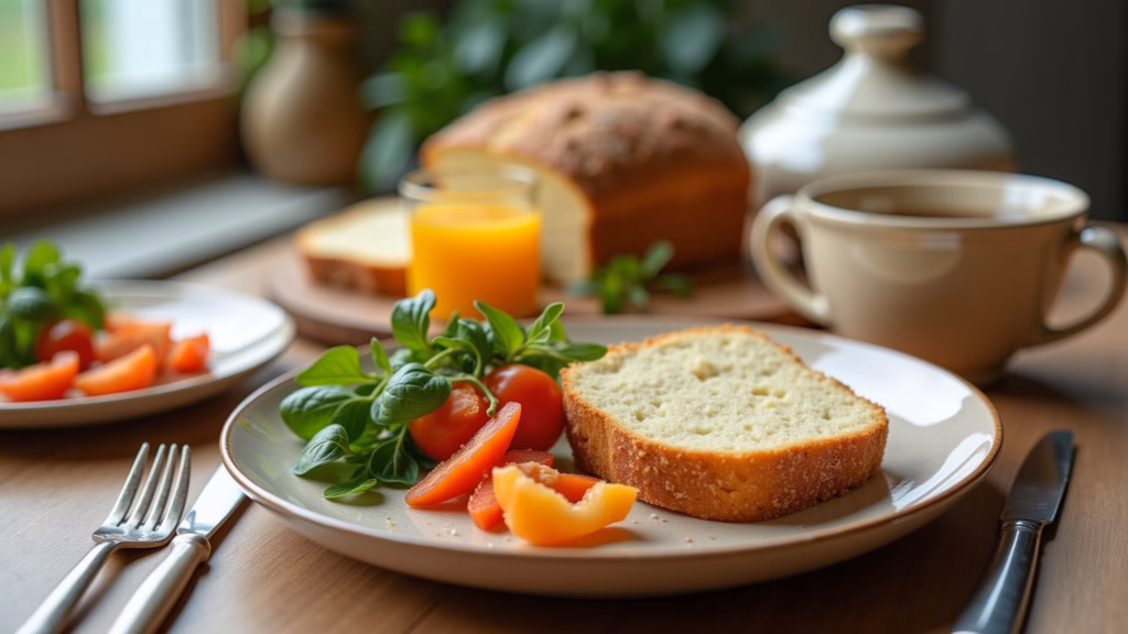 Delicious gluten-free meal on a table, featuring rice flour bread, almond flour cake, and fresh Refeição sem glúten com alternativas saborosas e nutritivas.