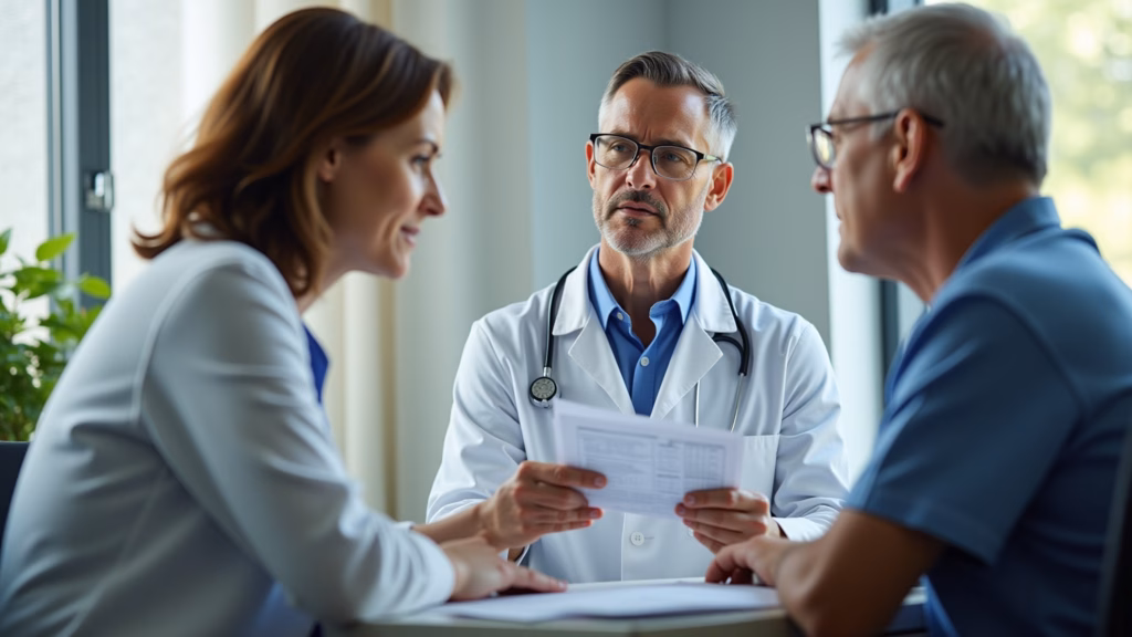 Doctor explaining test results to a concerned patient, medical office, natural light, 8k, Médico explicando exames para detectar intolerância ao glúten.