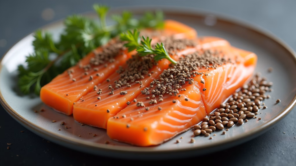 Fatty fish (salmon, tuna, sardines), chia seeds, and flaxseed, professional photography, 8K Salmão, atum, chia e linhaça para a saúde do coração.