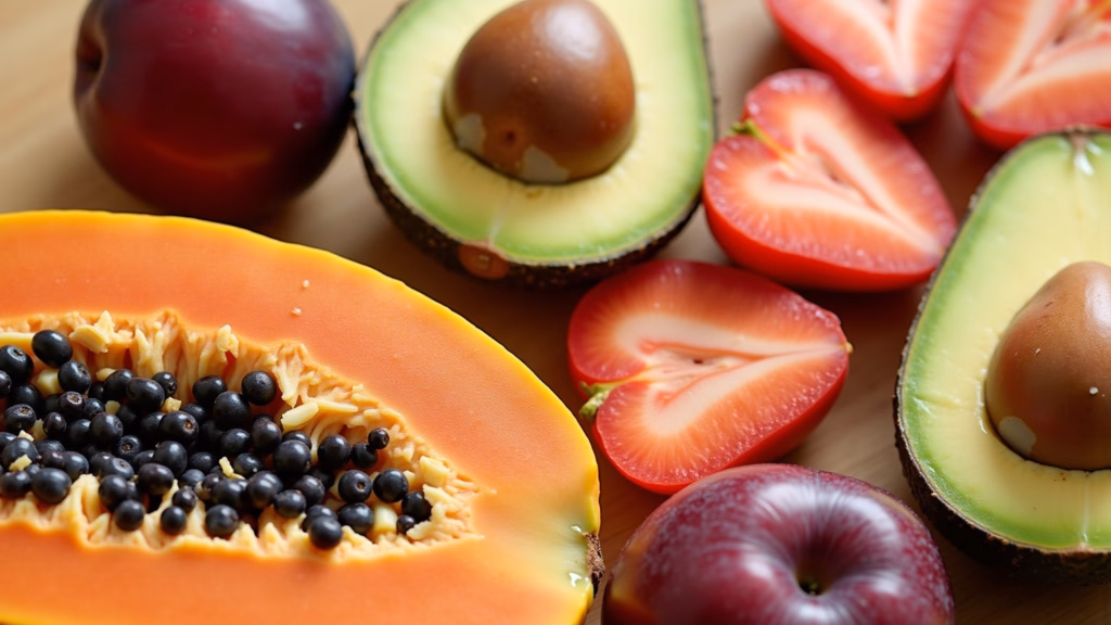 Fresh papaya, plum, and avocado slices, professional photography, 8K quality, sharp focus, natural Mamão, ameixa e abacate para uma digestão saudável.