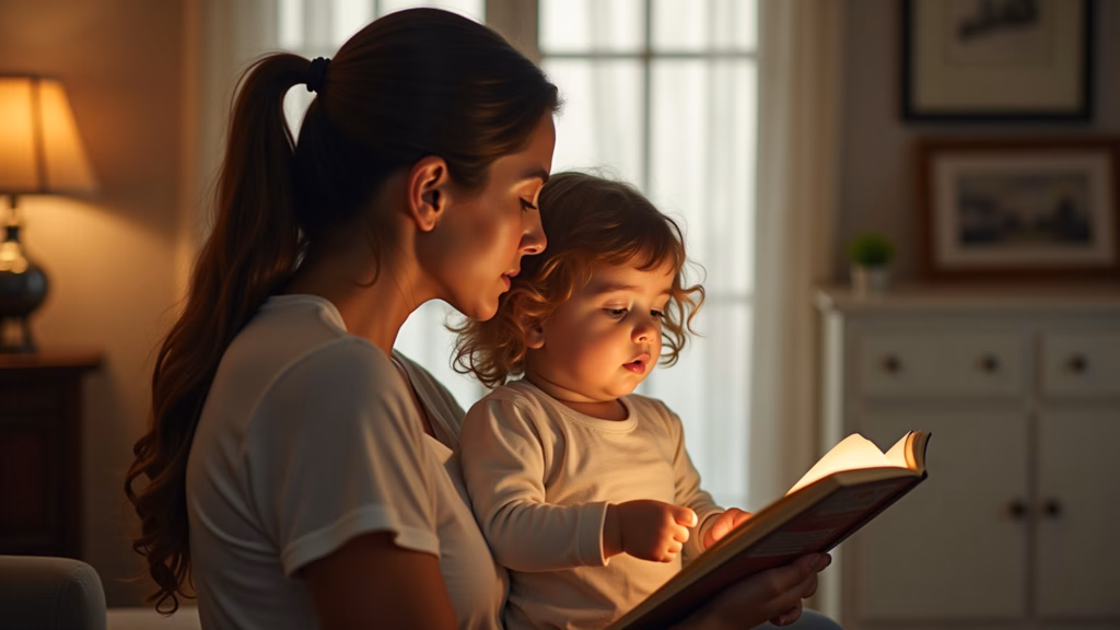 Mother reading aloud to child, emphasizing pronunciation, warm lighting, Brazilian home setting, Mãe lendo para o filho, incentivando a pronúncia correta.