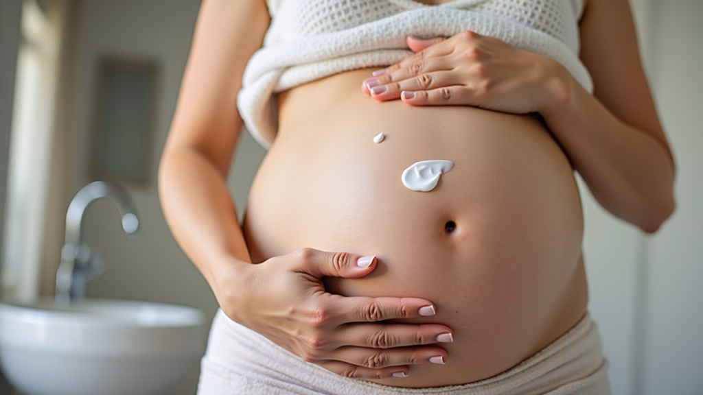 Pregnant woman applying cream on belly, preventing stretch marks, skincare routine, natural light, Cuidados com a pele na gravidez.