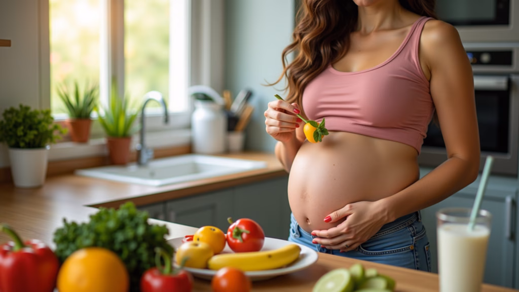 Pregnant woman eating healthy food, fruits, vegetables, balanced diet, natural light, 8K, sharp Alimentação saudável na gravidez.