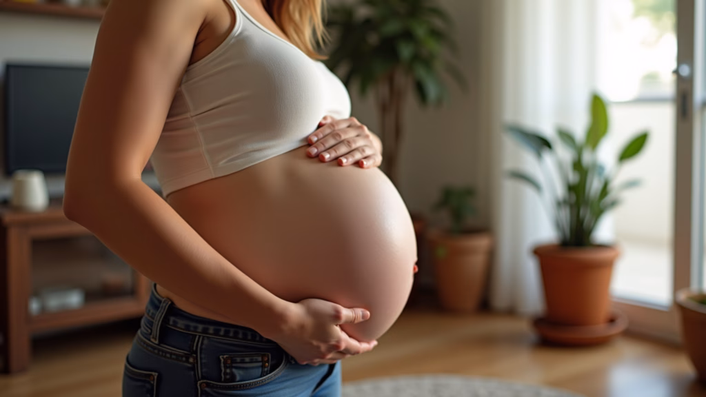 Pregnant woman relaxing, feeling baby kick, hand on belly, cozy Brazilian home, natural light, 8K, Grávida relaxando e sentindo o bebê.