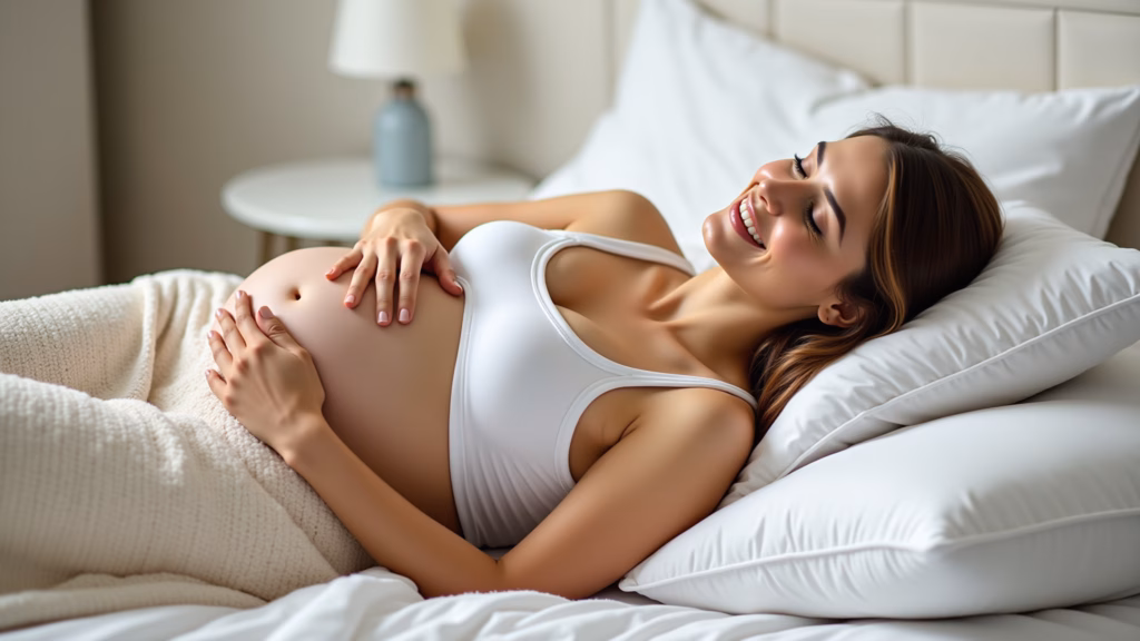 Pregnant woman sleeping comfortably, side position, pillow between legs, relaxing bedroom, natural Grávida dormindo confortavelmente.