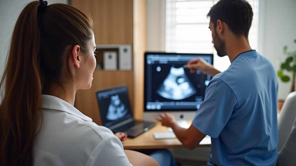 Second trimester ultrasound, 26 weeks pregnant, baby's silhouette, doctor explaining, professional Ultrassom morfológico de segundo trimestre.