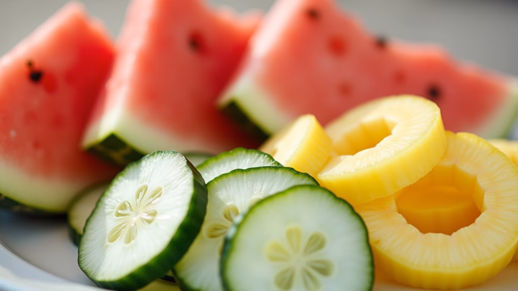 Slices of watermelon, cucumber, and pineapple, professional photography, 8K quality, sharp focus, Melancia, pepino e abacaxi para hidratação.