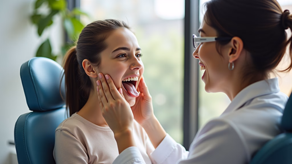 Speech therapist guiding patient through tongue exercises, close-up, professional setting, natural Fonoaudióloga demonstrando exercícios de língua para paciente.