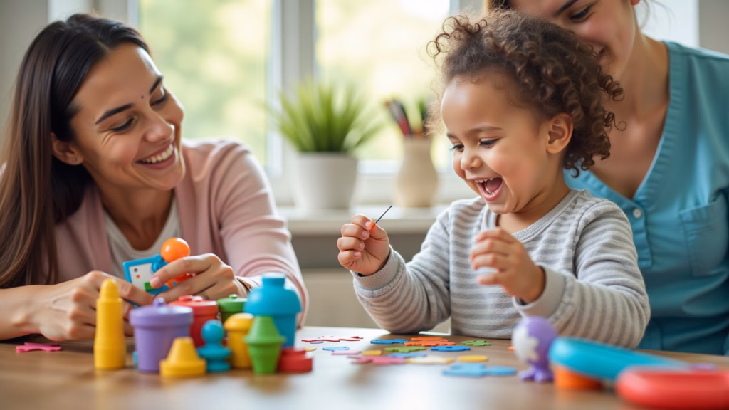 Speech therapist using playful exercises with a child, colorful toys, natural light, professional Fonoaudióloga utilizando jogos para tornar a terapia mais divertida.