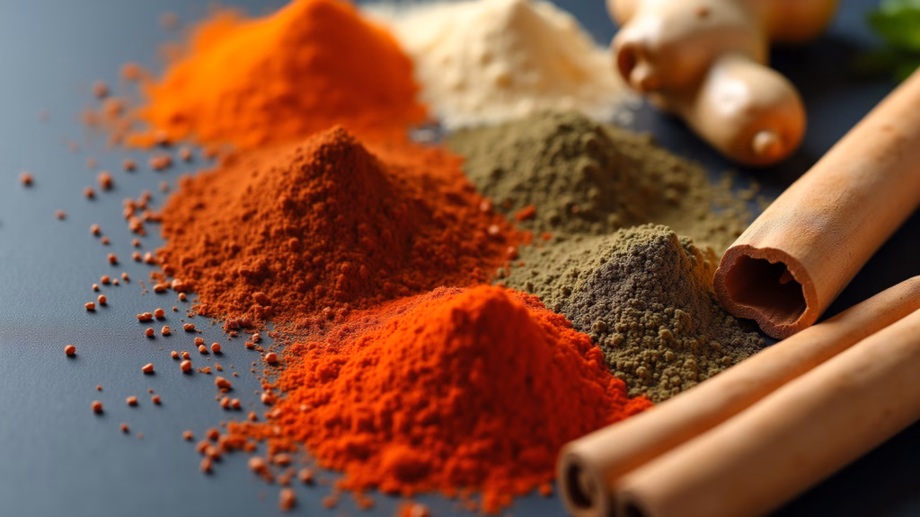 Spices like pepper, ginger, and cinnamon, professional photography, 8K quality, sharp focus, Pimenta, gengibre e canela para acelerar o metabolismo.