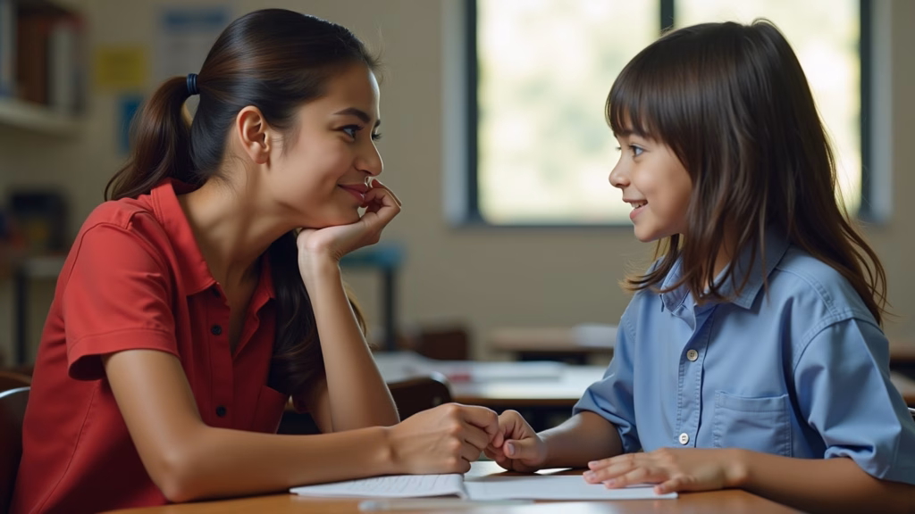 Teacher observing child speaking in classroom, supportive environment, natural lighting, Brazilian Professora atenta à fala de aluno em sala de aula.