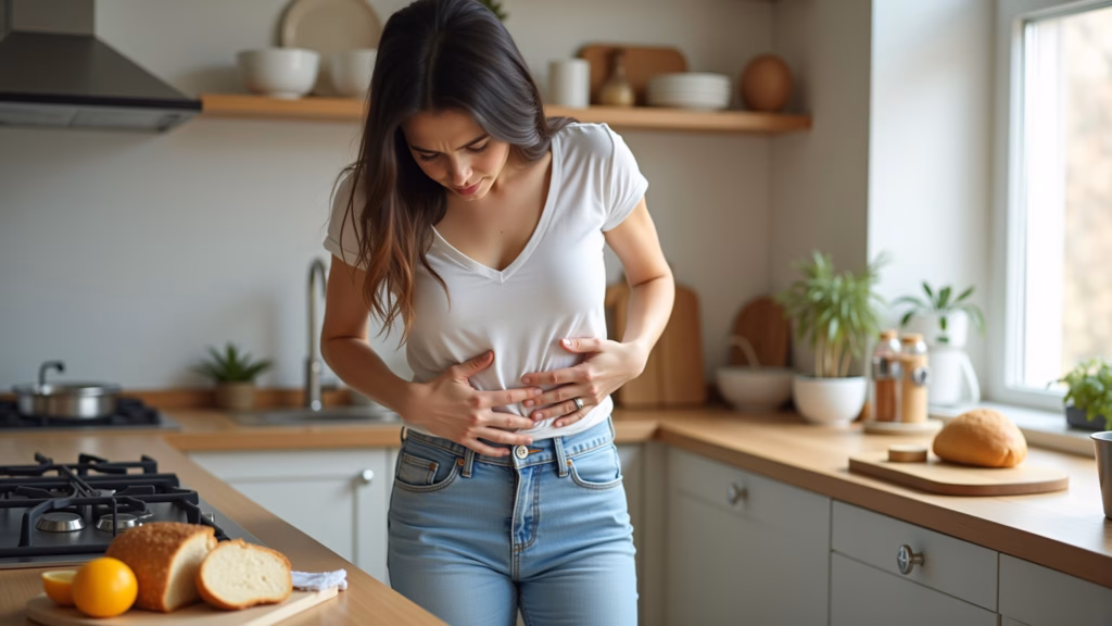 Woman holding her stomach in discomfort after eating bread, natural light, kitchen background, 8K, Mulher com inchaço abdominal após comer pão, sinal de intolerância ao glúten.
