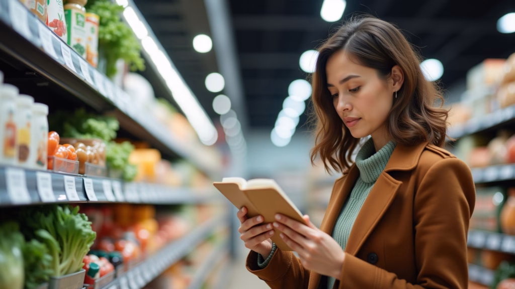 Woman reading food labels carefully in a supermarket, natural light, focus on ingredients, 8k, Mulher lendo rótulos de alimentos para evitar glúten.