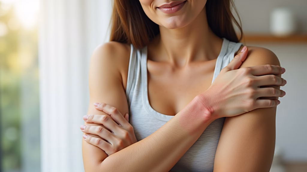 Woman scratching her arm due to skin rash, close-up on skin irritation, natural light, indoor Problemas de pele como erupções cutâneas, eczema ou coceira, relacionados à intolerância ao glúten.