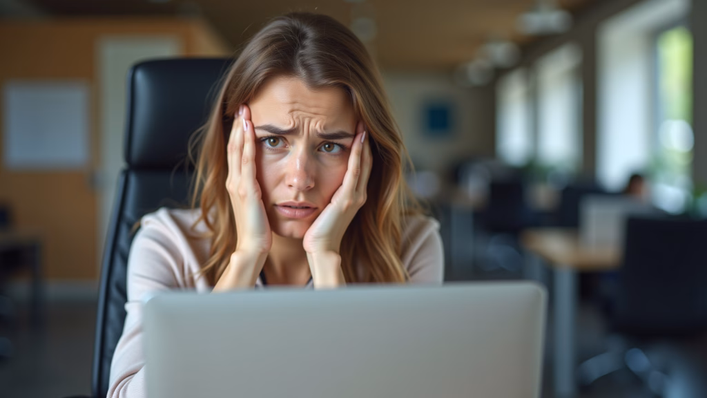 Woman struggling to concentrate, looking confused, with 'brain fog', natural light, office setting, Dificuldade de concentração e 'brain fog' após refeições com glúten, sintoma de intolerância.
