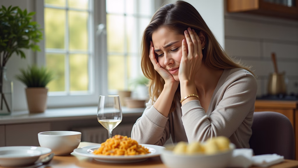 Woman with a headache, holding her head in pain, after eating pasta, natural light, dining room, Mulher com dor de cabeça persistente após comer massa, sintoma de intolerância ao glúten.