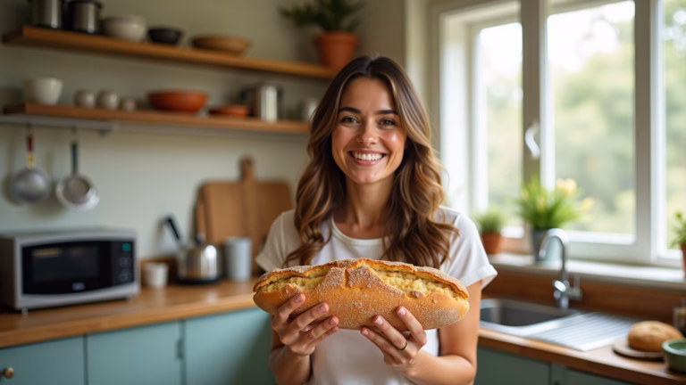 Mulher sorrindo segurando pão sem glúten, alívio após descobrir intolerância.