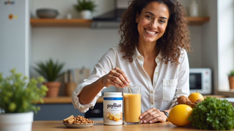 Mulher sorrindo preparando smoothie saudável com psyllium.