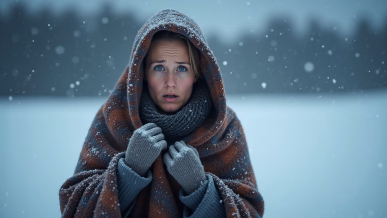 Mulher com hipotermia tremendo na neve.