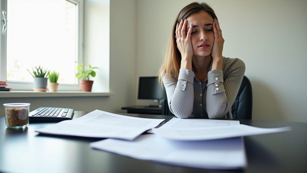 Cansaço Comum ou Alerta Vermelho? Entenda a Linha Tênue Entre Fadiga Mental e Burnout Mulher exausta no escritório, sobrecarregada com papéis.