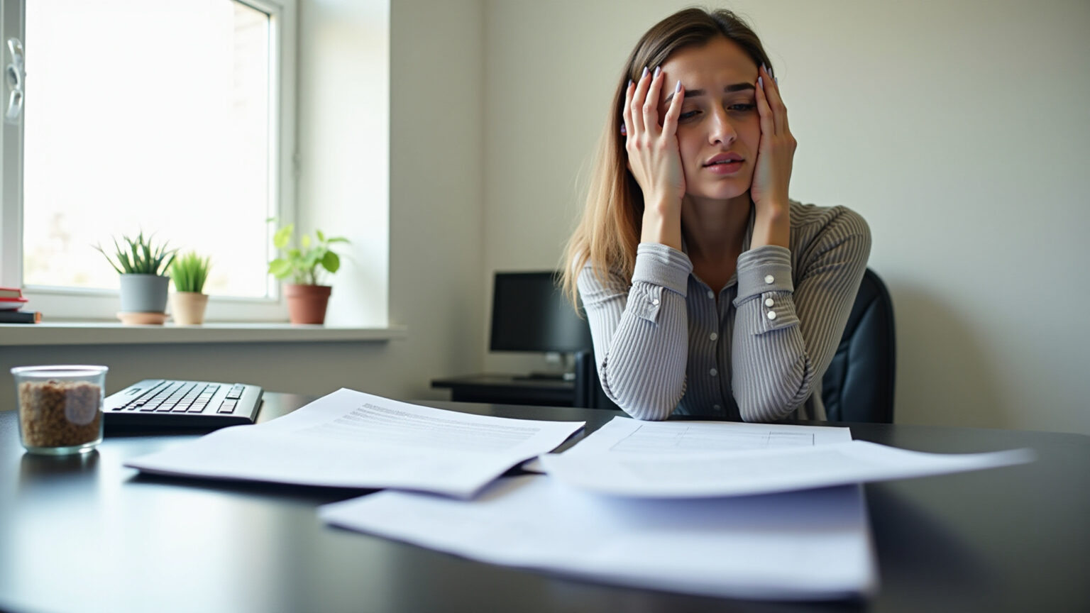 Cansaço Comum ou Alerta Vermelho? Entenda a Linha Tênue Entre Fadiga Mental e Burnout Mulher exausta no escritório, sobrecarregada com papéis.