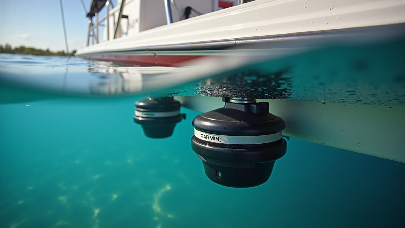 Transducer de proa Garmin Panoptix instalado em barco de pesca.