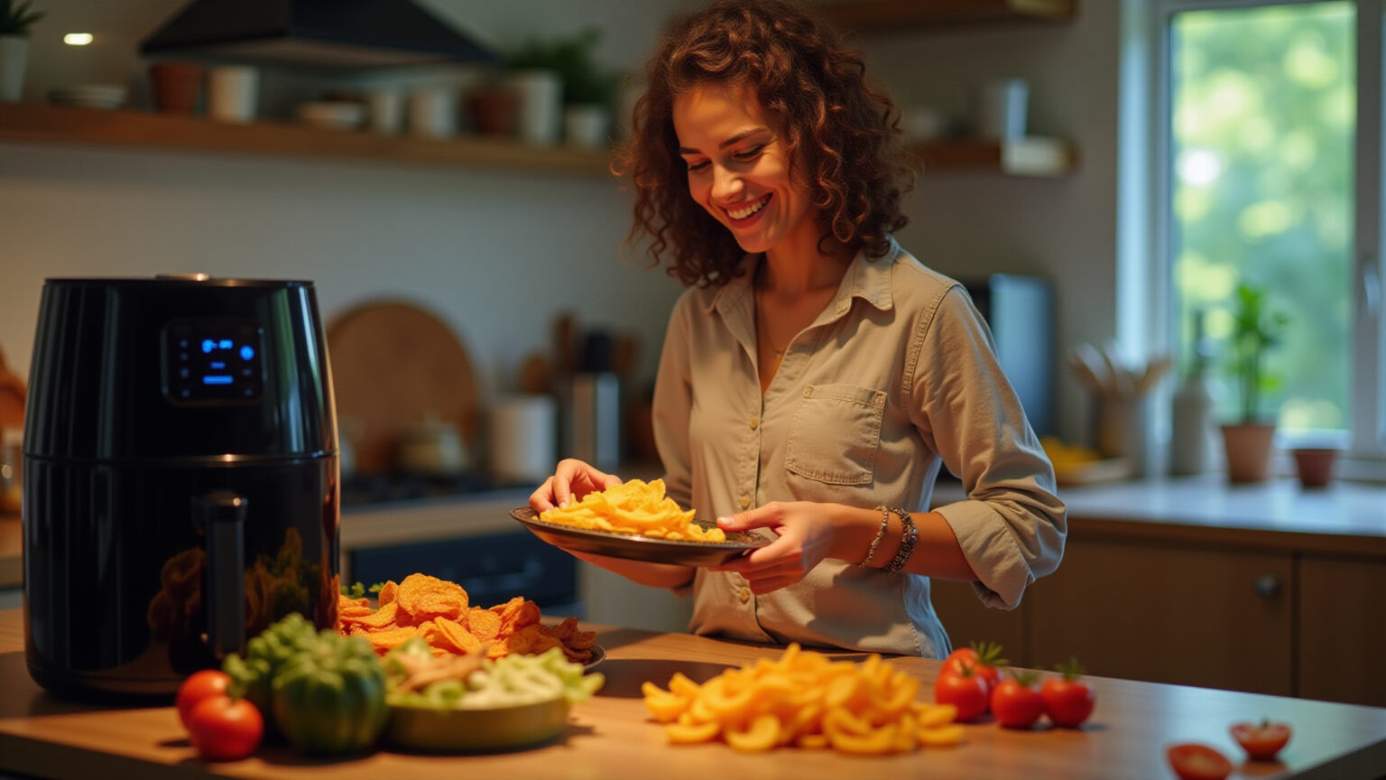 Como desidratar alimentos na Air Fryer Mondial? Jovem gamer brasileiro sorrindo, desidratando chips de frutas e vegetais coloridos na Air Fryer Mondial em uma cozinha vib...