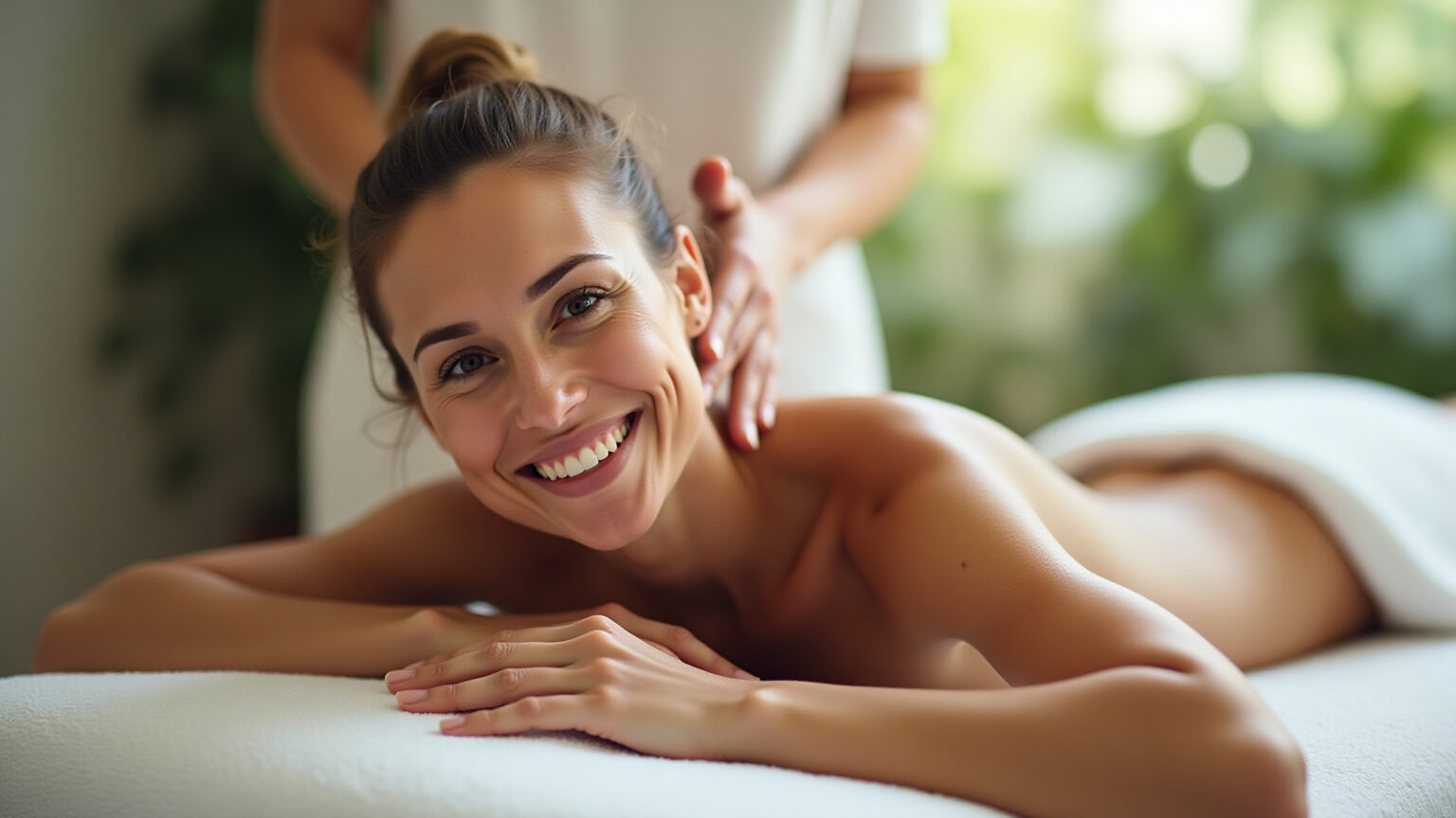 Mulher brasileira relaxando durante uma massagem terapêutica em ambiente acolhedor e profissional.
