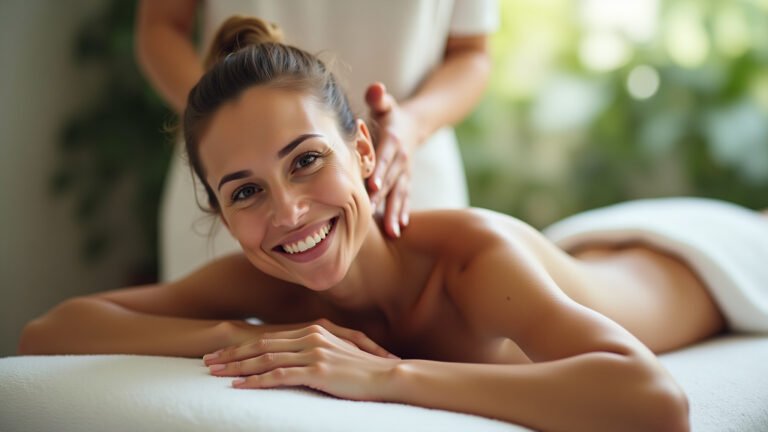 Mulher brasileira relaxando durante uma massagem terapêutica em ambiente acolhedor e profissional.