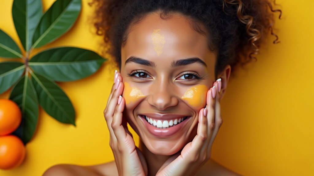 Mulher sorrindo com pele radiante aplicando sérum de vitamina C, com laranjas frescas e folhas verdes ao lado.