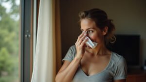 Adulto brasileiro pensativo com lenço, refletindo sobre sintomas respiratórios em casa.