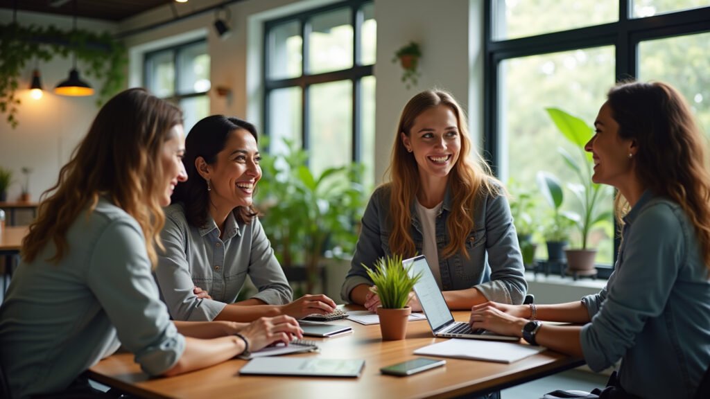 Saúde no ambiente de trabalho: organização e sustentabilidade fazem a diferença Profissionais brasileiros sorrindo em escritório organizado e sustentável com plantas e luz natural.