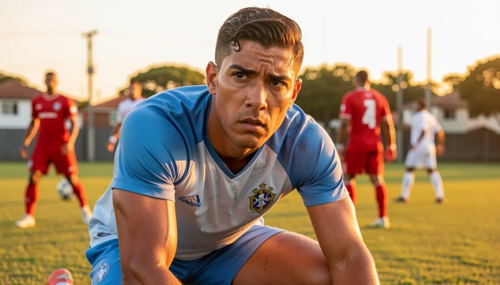 Futebol de fim de semana acende alerta para preparo físico entre adultos Jogador de futebol amador se alongando em campo ao entardecer