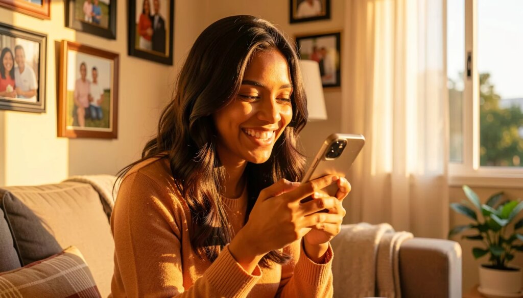 Mulher sorrindo ao ouvir mensagem de voz da família no celular em sala aconchegante.