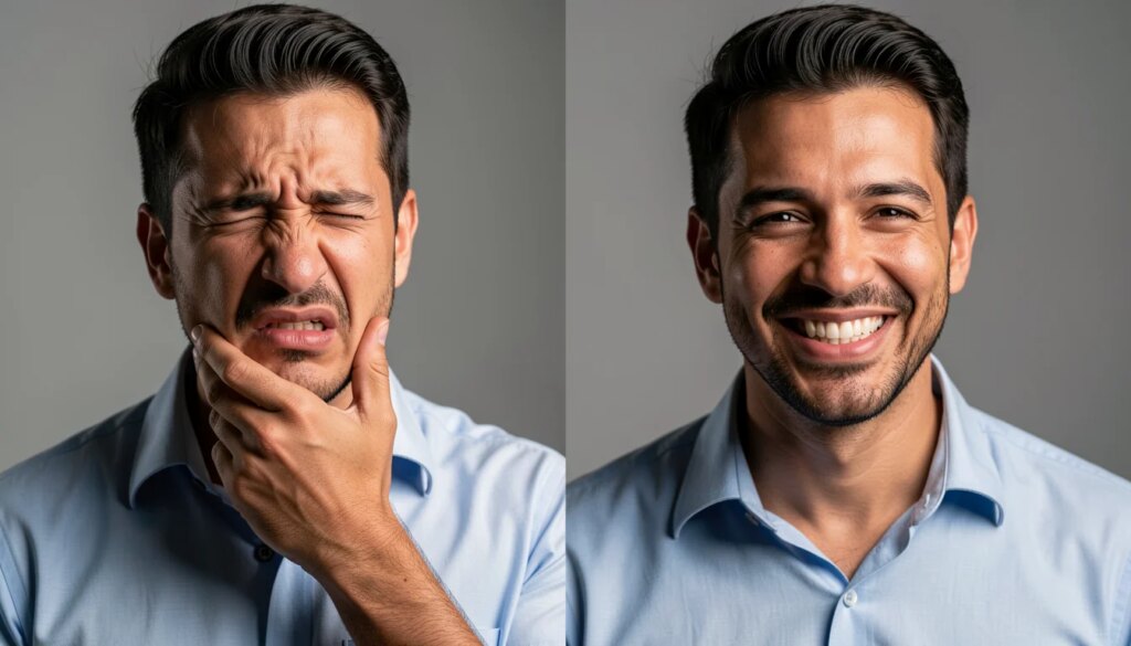 Comparação visual entre dor de dente e sorriso saudável em um homem, representando plano de saúde e odontológico.