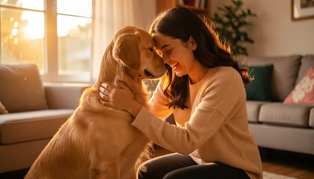 Plano de saúde pet: a solução para o medo das emergências veterinárias e a chave para uma vida longa e feliz Mulher abraça cachorro feliz em casa ao pôr do sol
