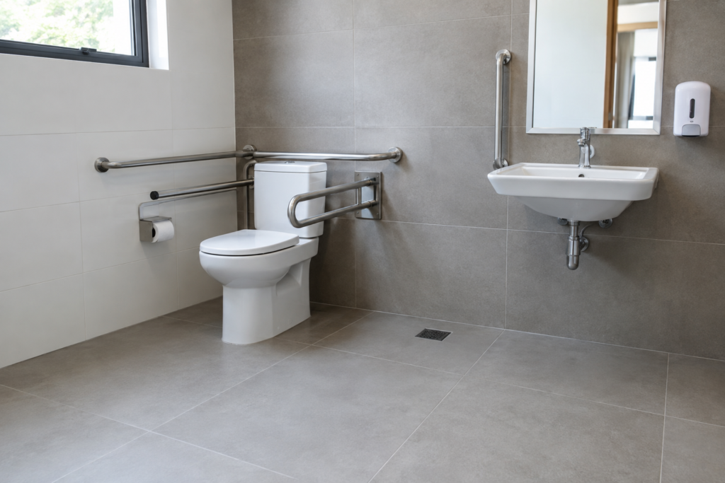 Barras laterais e piso livre de obstáculos ajudam a reduzir riscos no banheiro.