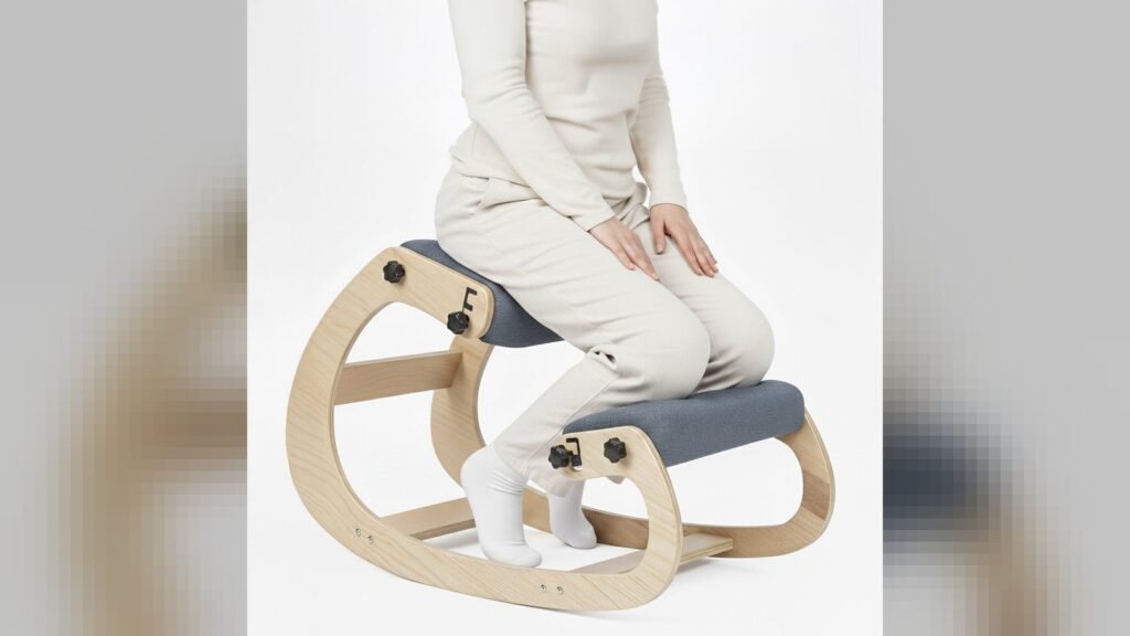 A person sitting on a kneeling chair made of natural wood with cushions, demonstrating ergonomic posture.
