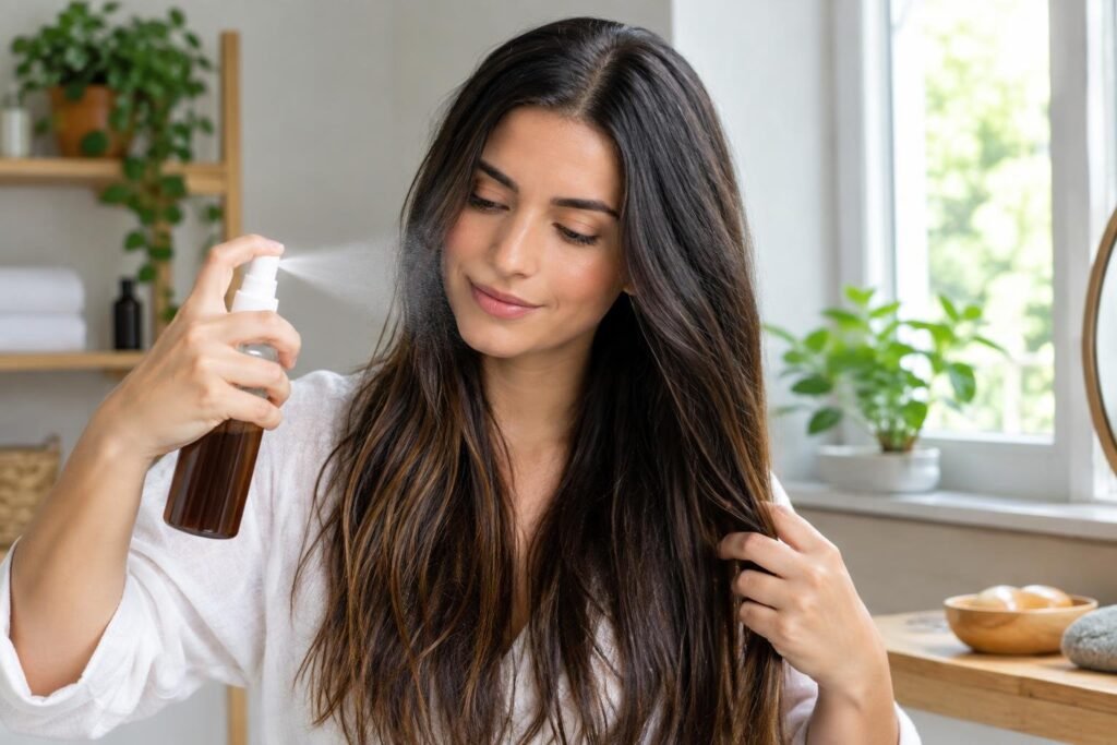 Chá Preto: Clareie Seus Cabelos Naturalmente e Sem Danos Mulher com cabelos longos e escuros aplicando spray em seus fios enquanto segura parte do cabelo com a outra mão, em um ambiente interno claro com plantas e objetos ao fundo.