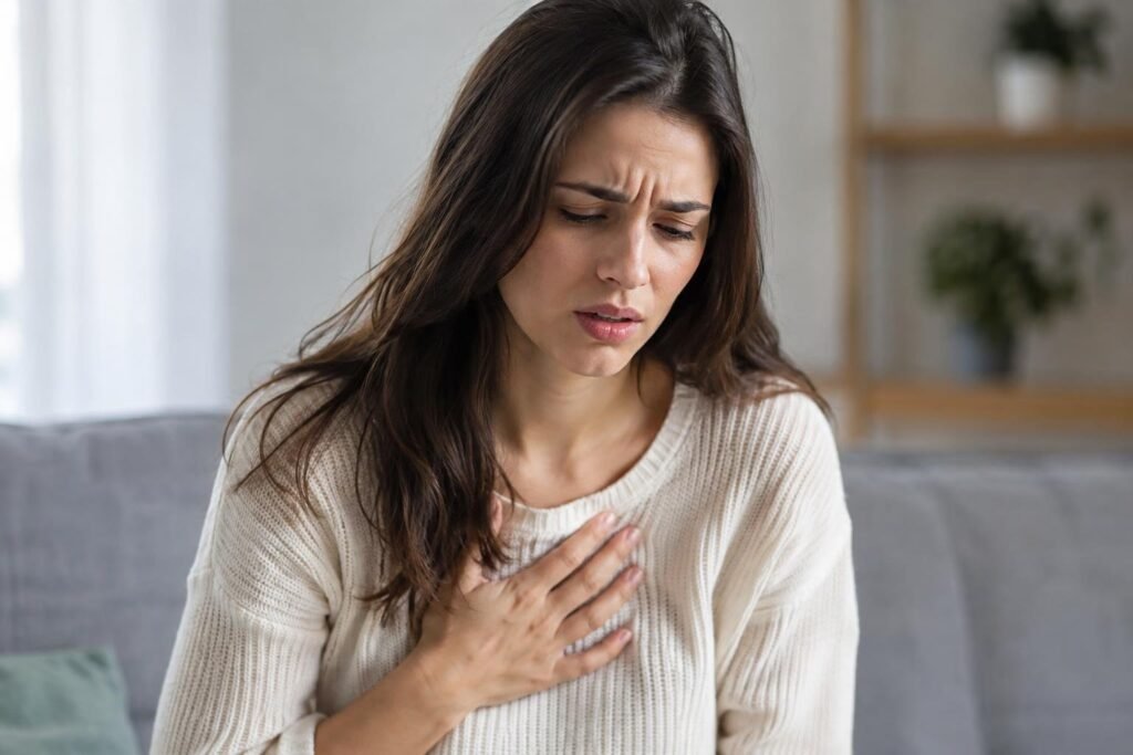 Sintomas de infarto: O que você PRECISA saber agora Mulher jovem, com cabelo castanho e suéter branco, com expressão de dor ou desconforto, segurando a mão no peito, sentada em um ambiente doméstico.