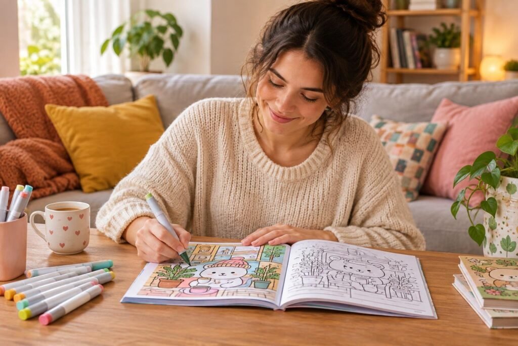 Mulher sorridente usando suéter bege sentada à mesa de madeira colorindo um livro com desenhos kawaii de um urso e plantas. Na mesa há marcadores coloridos, uma caneca com corações rosa e outros livros ao lado. Ao fundo, sofá com almofadas coloridas e planta.