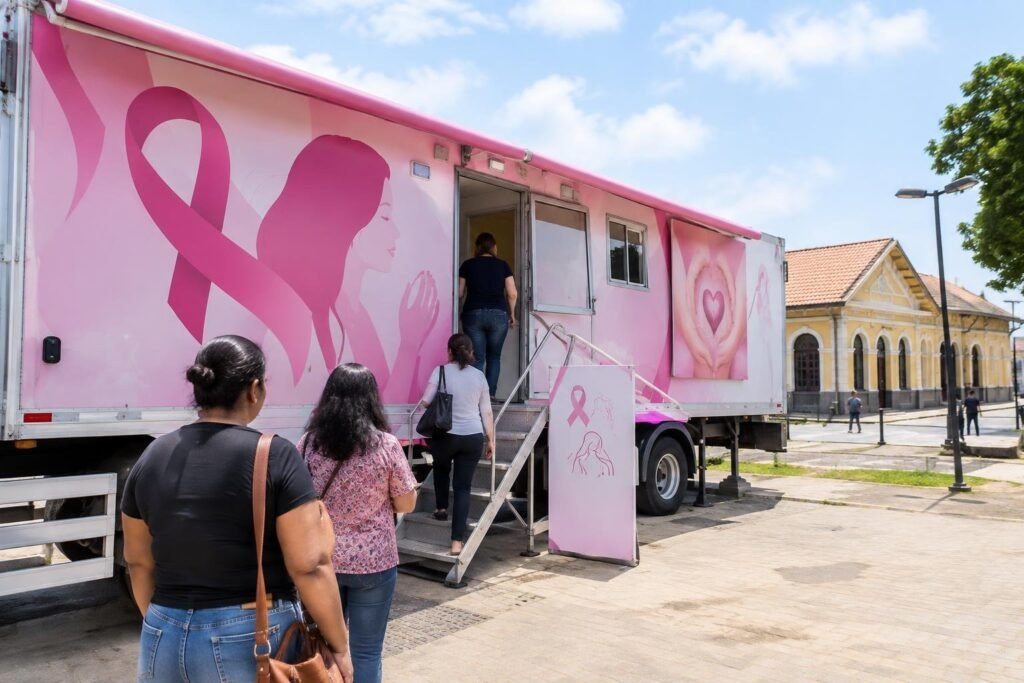 Três mulheres em fila aguardam para entrar na Carreta da Mulher, um veículo móvel rosa com símbolos de prevenção ao câncer de mama e imagem de uma mulher em perfil, estacionado em área externa da Estação Ferroviária sob céu azul com poucas nuvens.
