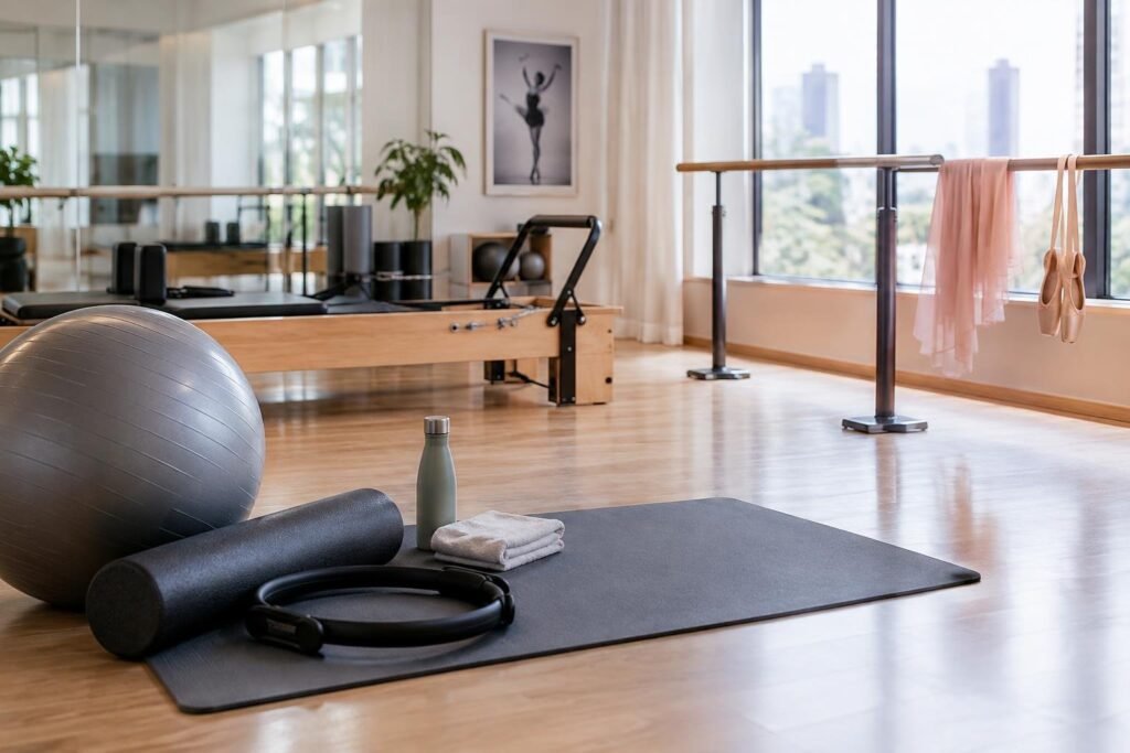 Estúdio de pilates e balé com piso de madeira, bola suíça cinza, rolo de espuma preto, mat de exercícios, toalha branca e garrafa reutilizável. Ao fundo, barra de balé com sapatilhas e saia de balé penduradas, janela com vista da cidade e quadro com foto em preto e branco de bailarina.
