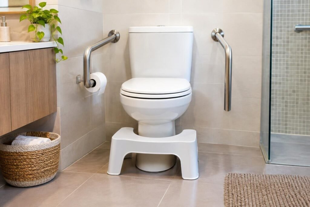Banquinho no vaso pode facilitar evacuação, mas exige cuidado com quedas Banheiro com vaso sanitário branco, banquinho branco para apoiar os pés em frente ao vaso e barras de apoio metálicas fixadas nas paredes ao lado do vaso. Ao fundo, pia com vaso de planta, cesta com toalhas e box de vidro.